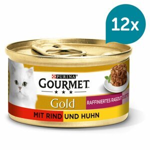 Krmivo pro kočky značky GOURMET Gold, Rafinované ragú Duetto s hovězím a kuřecím masem 12 × 85 g